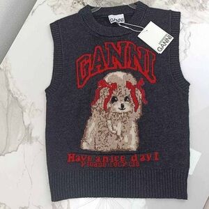 Ganni Gray Sweater Vest with Red Dog Graphic